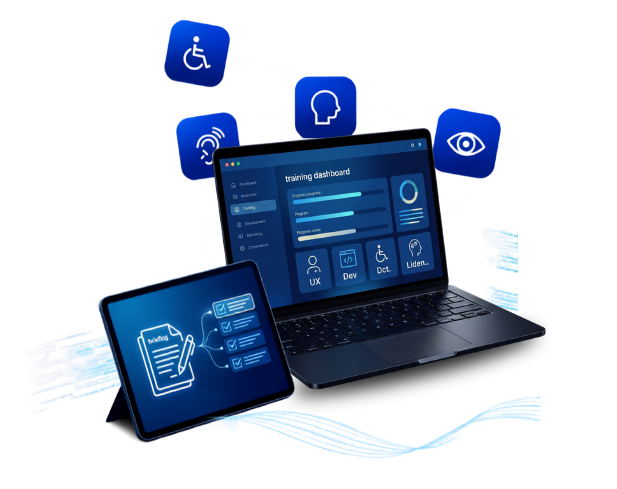 Notebook e tablet exibindo painéis relacionados à acessibilidade digital.