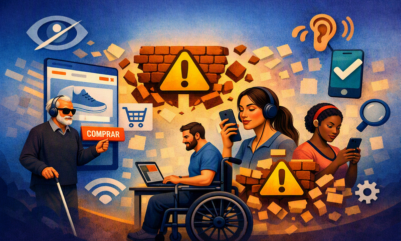Imagem ilustrativa sobre acessibilidade digital em e-commerce, mostrando pessoas diversas utilizando tecnologias assistivas para realizar compras online. Representa inclusão, experiência do usuário e eliminação de barreiras na jornada de compra.