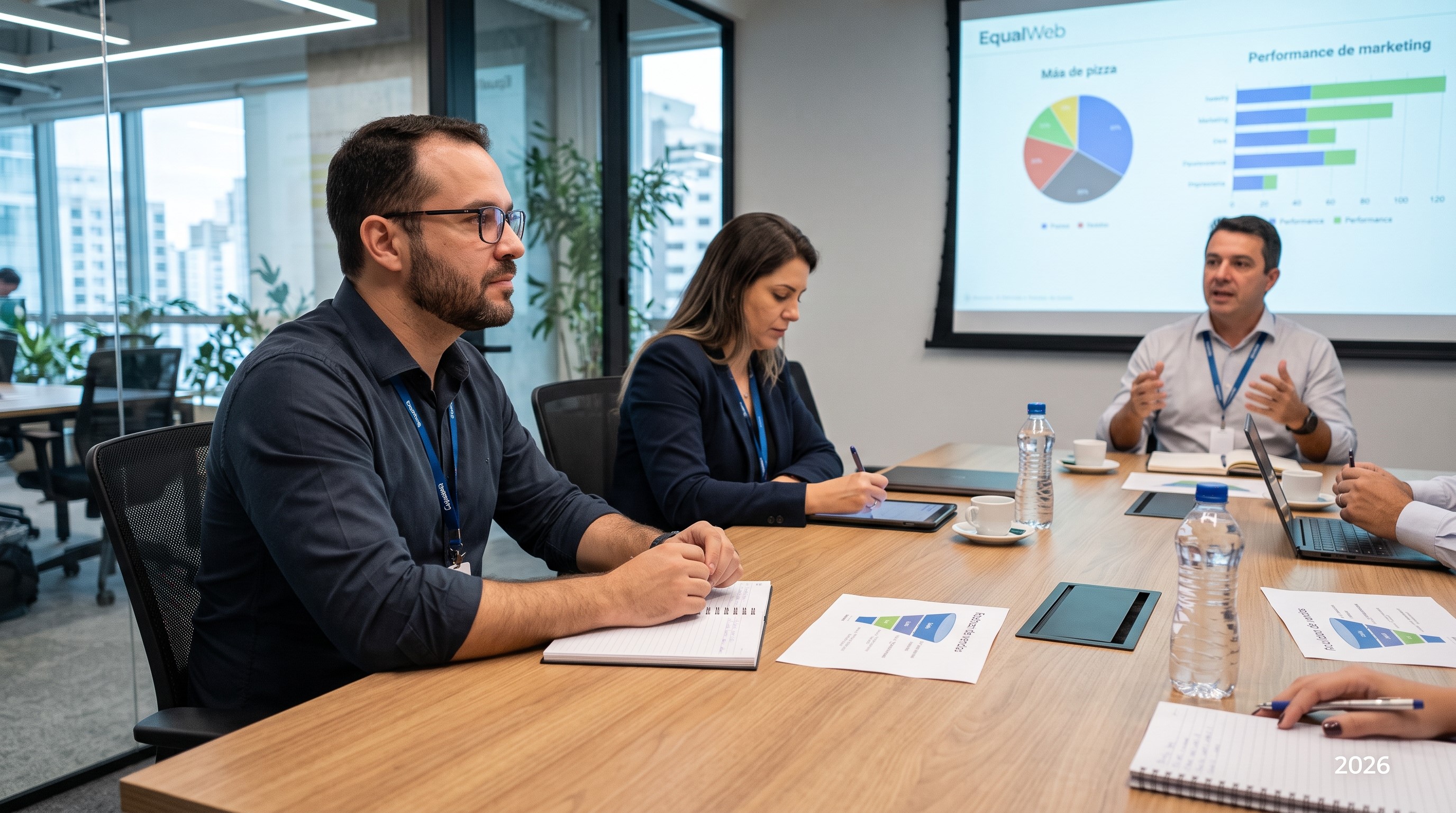 Equipe executiva reunida numa sala de conferências a analisar gráficos e relatórios de desempenho de marketing da EqualWeb numa tela de projeção.