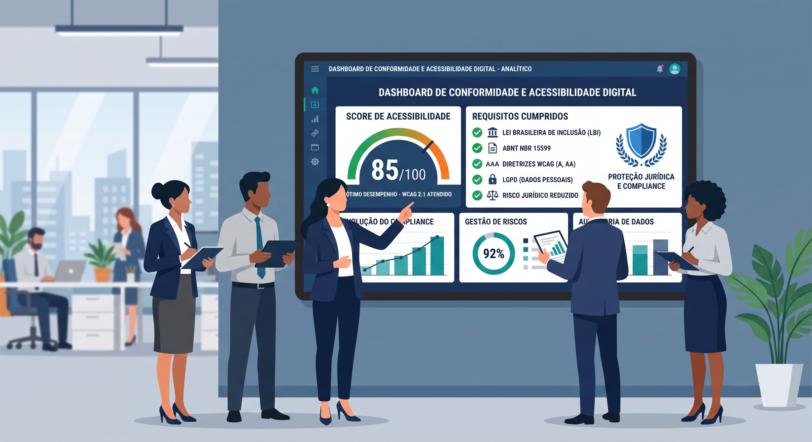 Equipe corporativa analisando dashboard de conformidade em acessibilidade digital com score WCAG, símbolos da LBI e ABNT, e indicador de proteção jurídica em plano de gestão de riscos.