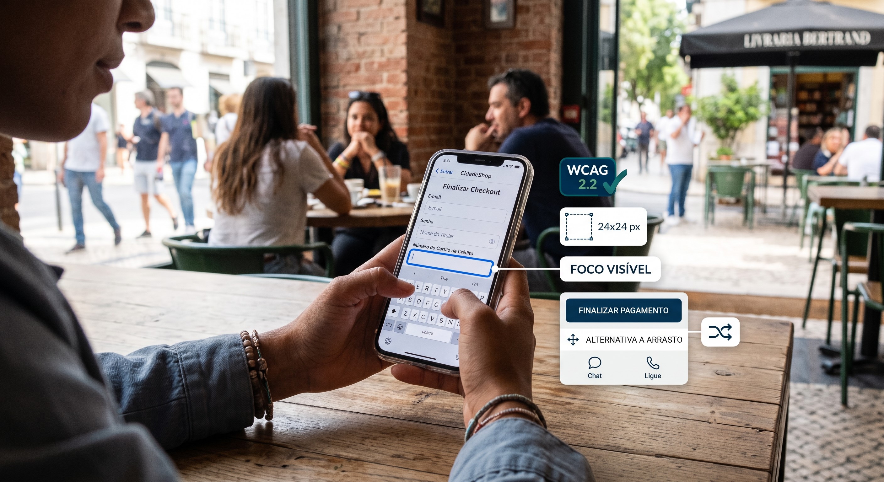 Pessoa usando smartphone com formulário de login acessível, botões grandes, foco visível e ícones de ajuda fixos, ilustrando conformidade com WCAG 2.2 para experiência móvel e cognitiva.