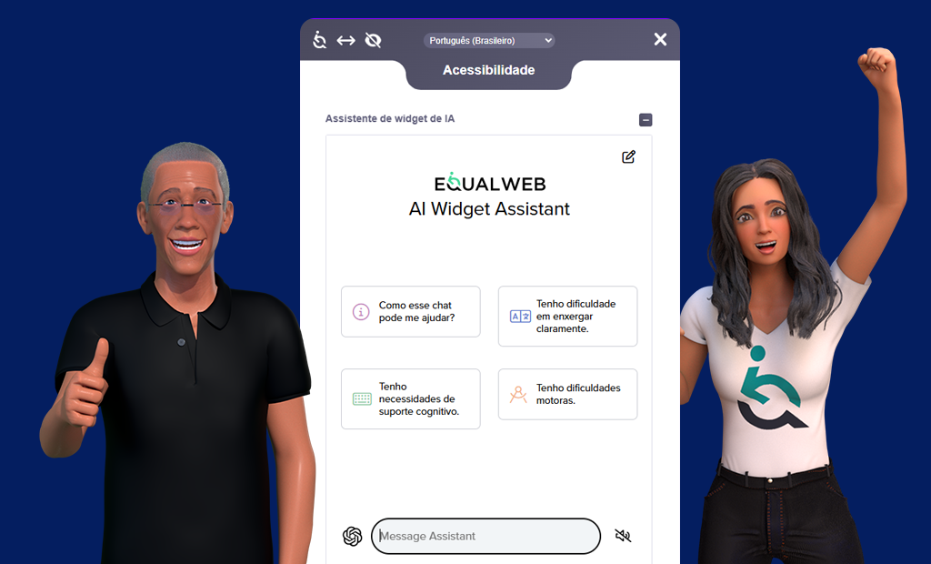 Avatares 3D flanqueiam interface do assistente de acessibilidade da EqualWeb, com opções para dificuldades visuais, motoras e cognitivas.
