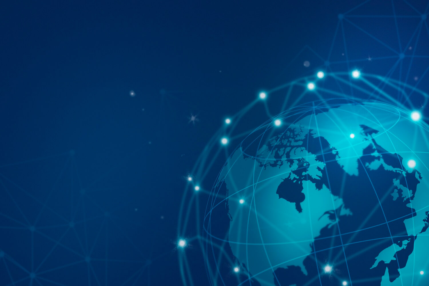 Globo digital azul com pontos de luz conectados por linhas, simbolizando rede global e tecnologia.