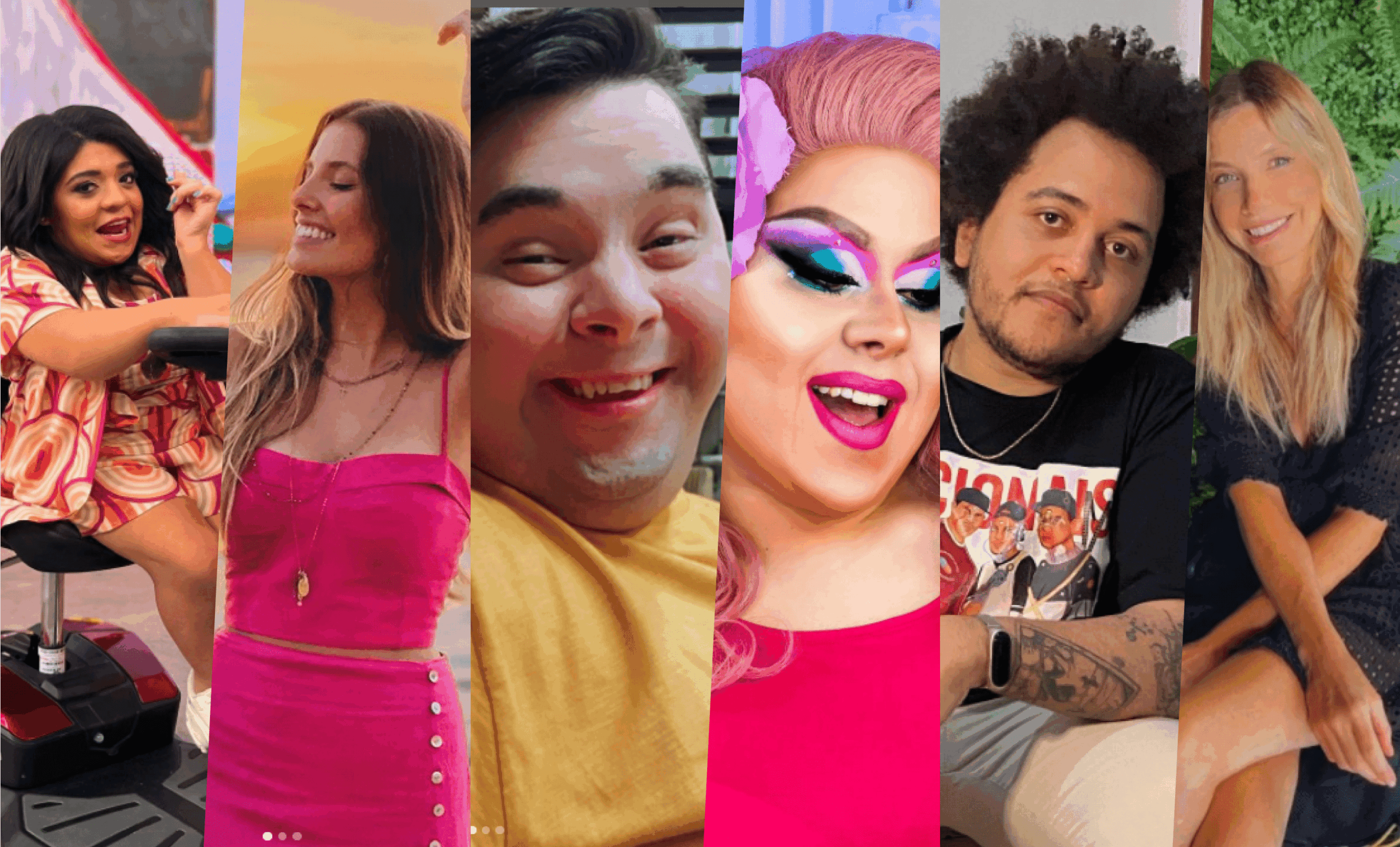 Colagem com 6 influenciadores com deficiência: mulher cadeirante, outra sorrindo, homem amarelo, drag queen colorida, tatuado e loira.