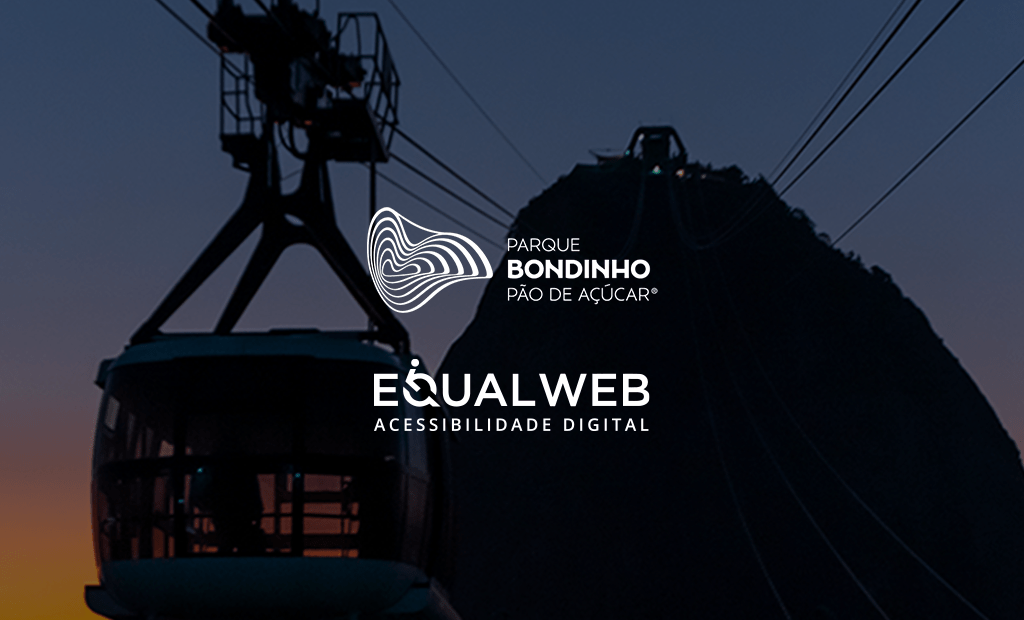 Logotipos do Parque Bondinho Pão de Açúcar e EqualWeb sobre a silhueta de um bondinho e da montanha ao entardecer.