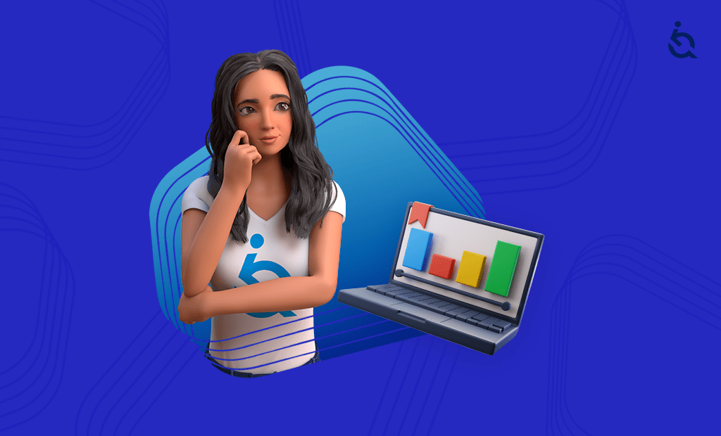 Ilustração 3D de mulher pensativa com símbolo de acessibilidade na camisa, ao lado de laptop com gráfico colorido sobre fundo azul.