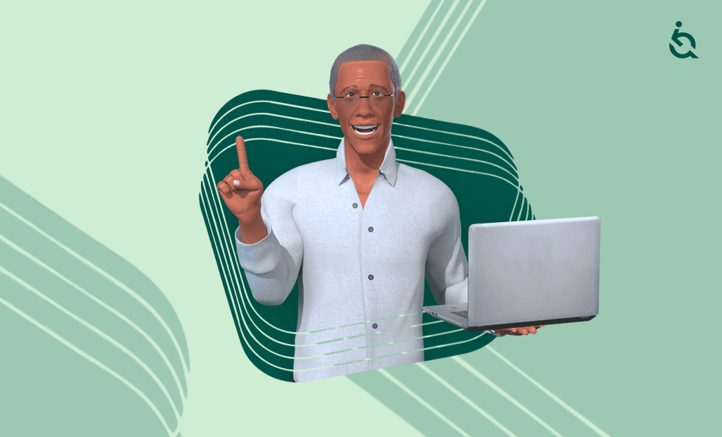 LBI. Personagem Ewerton segurando notebook e apontando com o dedo, sobre fundo gráfico verde.