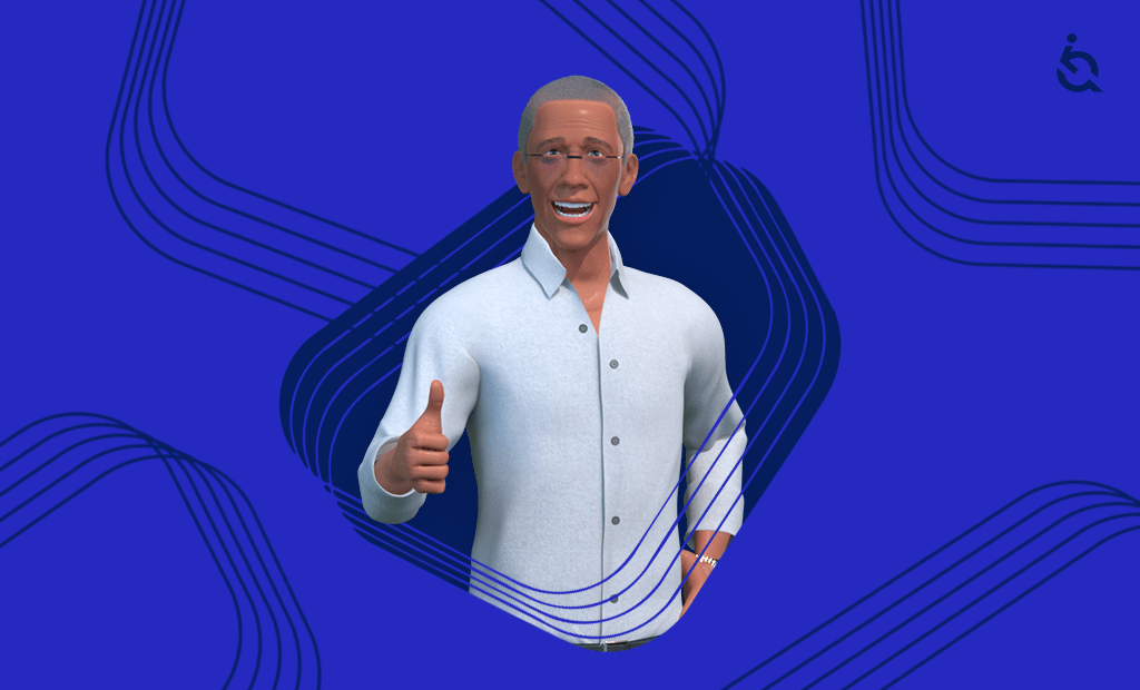 Avatar 3D de homem sorridente com camisa branca fazendo sinal de positivo sobre fundo azul com linhas onduladas e ícone de acessibilidade.