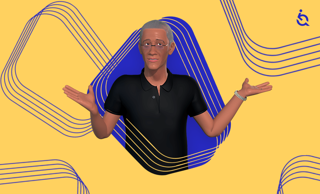 Ilustração 3D de homem com gestos abertos sobre fundo amarelo e azul, com símbolo de acessibilidade no canto superior direito.
