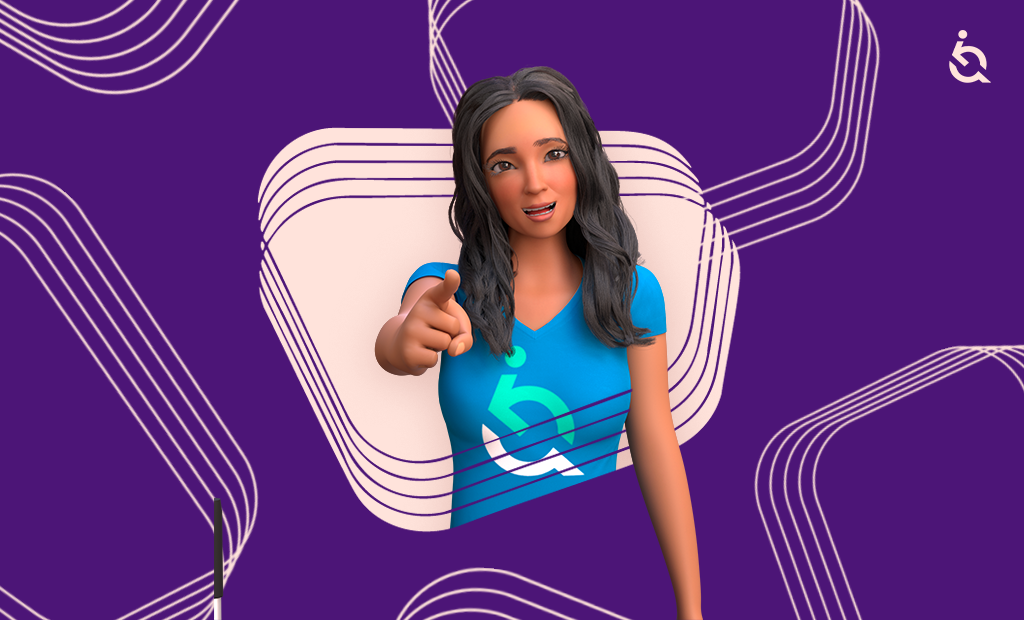 Avatar feminina aponta para frente, camisa com símbolo de acessibilidade. Fundo roxo com linhas brancas e logo no canto superior direito.