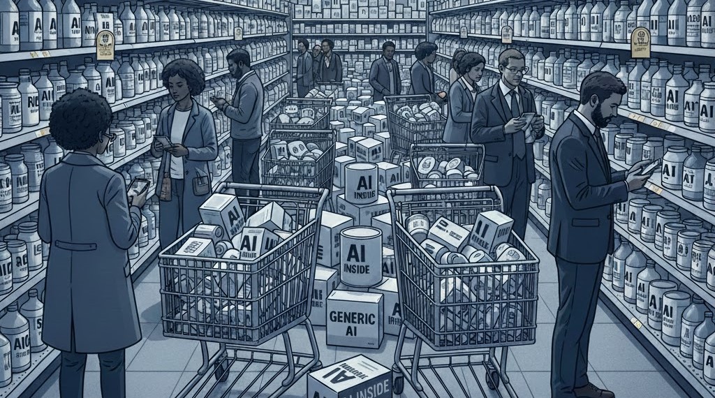 Pessoas em um supermercado escolhem produtos rotulados "AI", "AI INSIDE" e "GENERIC AI" em carrinhos, ilustrando a IA como commodity comum.