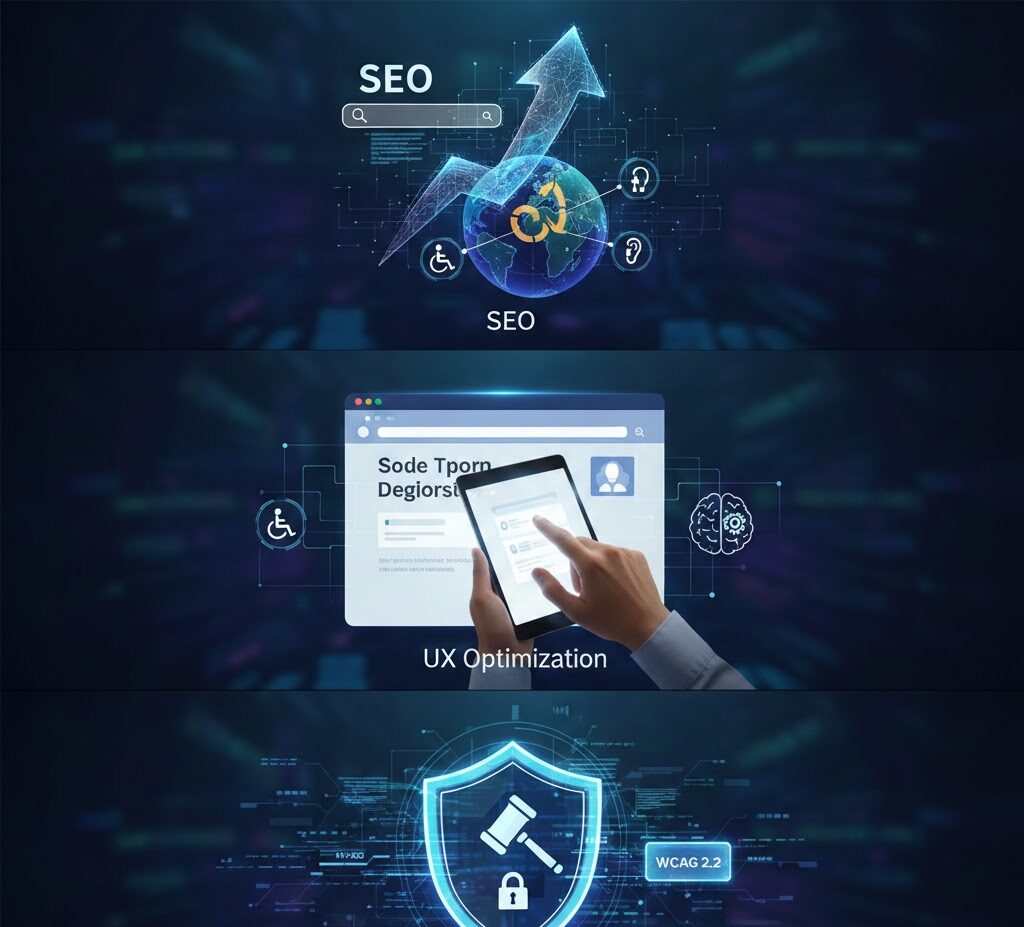 SEO, UX em tablet e escudo digital com martelo, cadeado e etiqueta WCAG 2.2