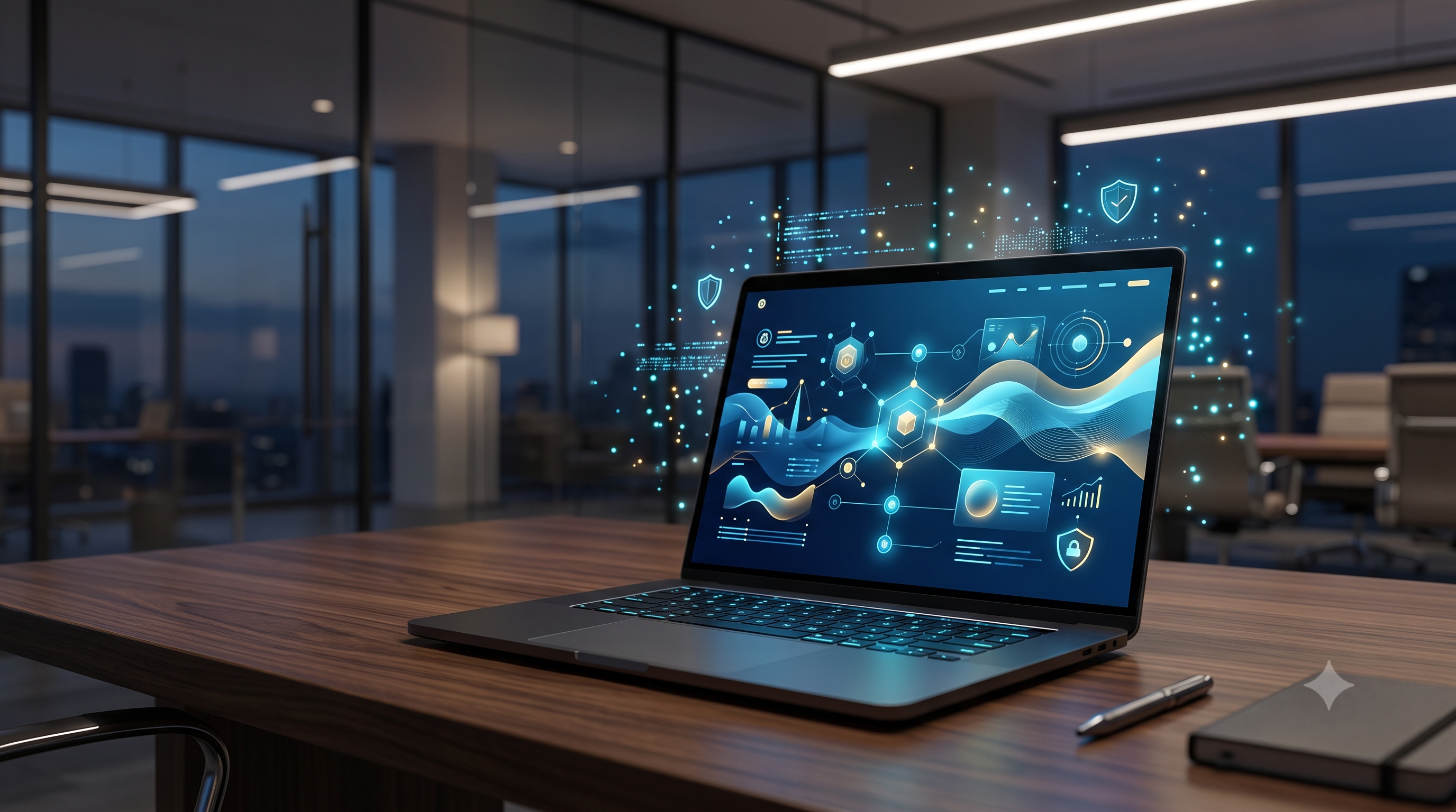 Laptop em escritório exibe interface digital com gráficos e ícones de escudo, simbolizando segurança e gestão de riscos corporativos.
