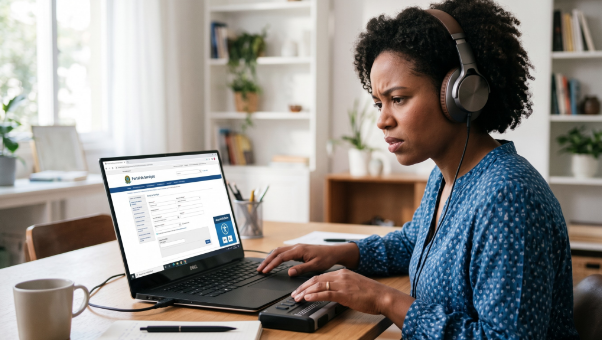Mulher com fones usa laptop e teclado braille. Tela mostra widget de acessibilidade, ilustrando conformidade legal.