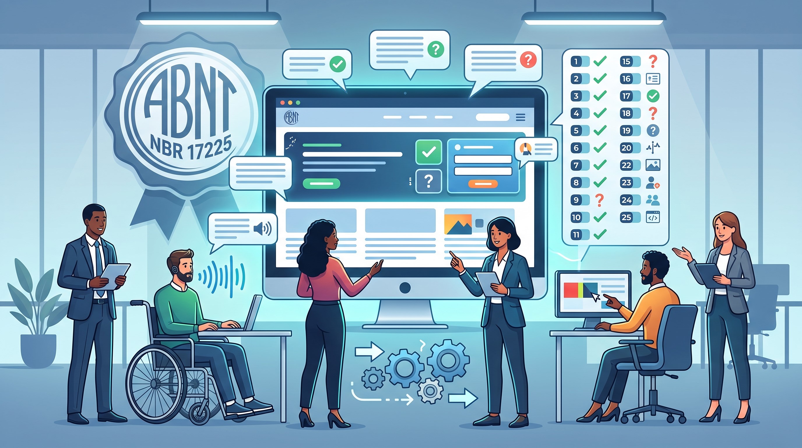 Ilustração de uma equipe diversificada a analisar a acessibilidade de um website numa tela central, com um painel de verificação de 25 pontos e símbolos de normas técnicas.
