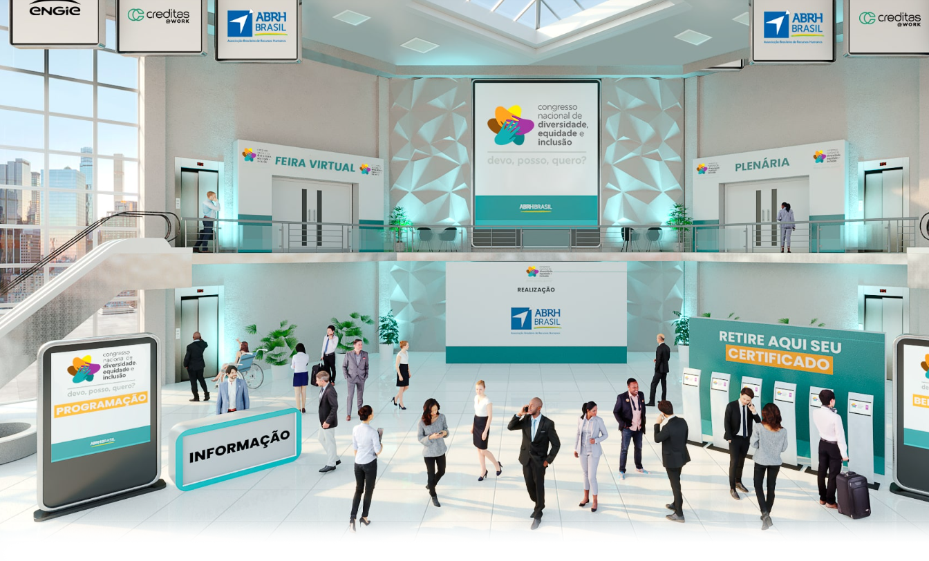 Render 3D do lobby do Congresso de Diversidade ABRH Brasil: info, certificados e sinalização para plenária e feira virtual.