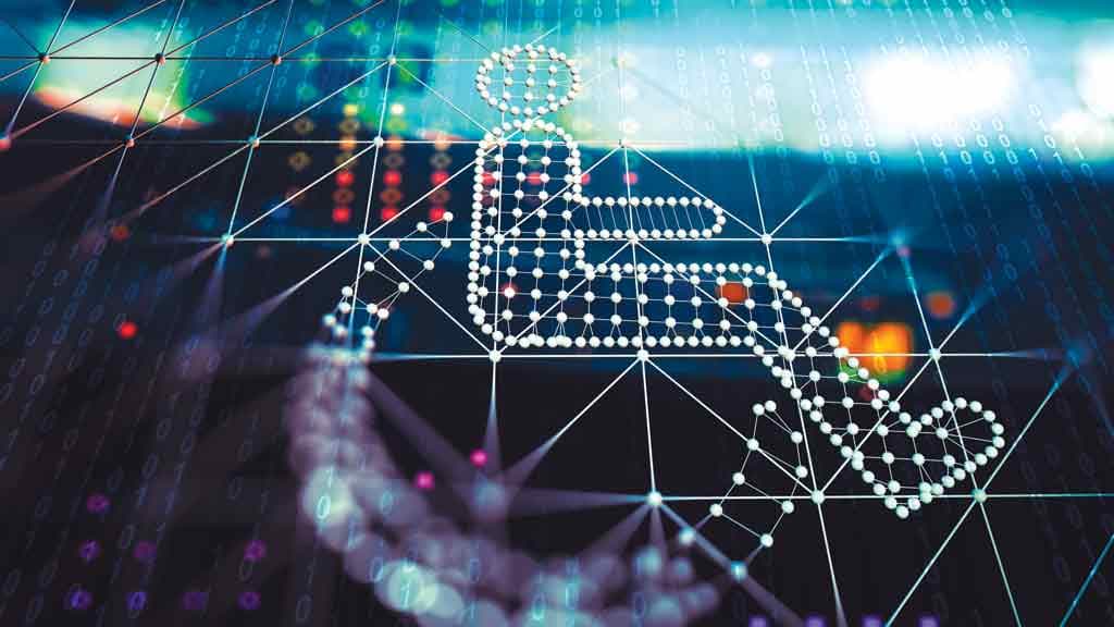 Símbolo de acessibilidade em cadeira de rodas feito de pontos e linhas digitais, sobre fundo binário, representando inclusão na web.