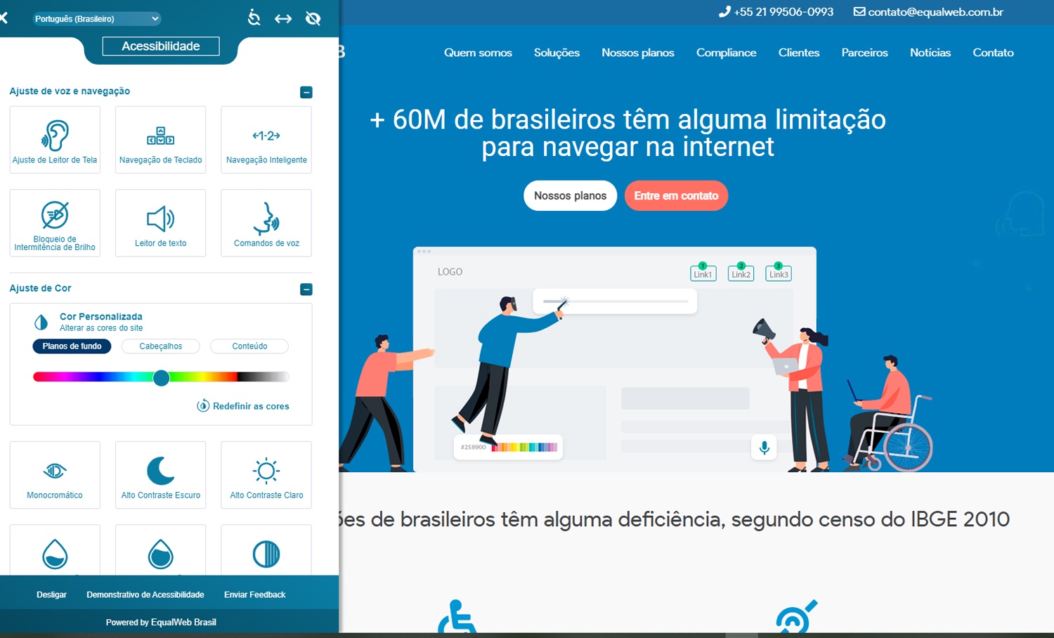 Barra de ferramentas de acessibilidade com opções de contraste e navegação ao lado de ilustração sobre limitações na internet.