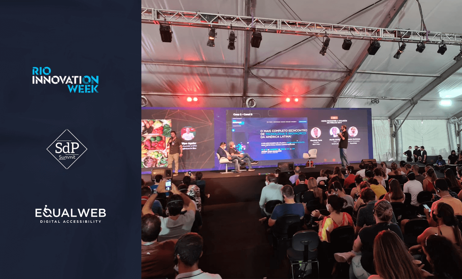 EqualWeb debate acessibilidade digital no Rio Innovation Week. Painel com palestrantes e plateia lotada sobre tecnologia e inclusão.
