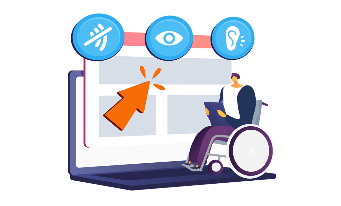 Pessoa em cadeira de rodas usa laptop com ícones de acessibilidade (visão, audição, tato) e cursor clicando na tela.