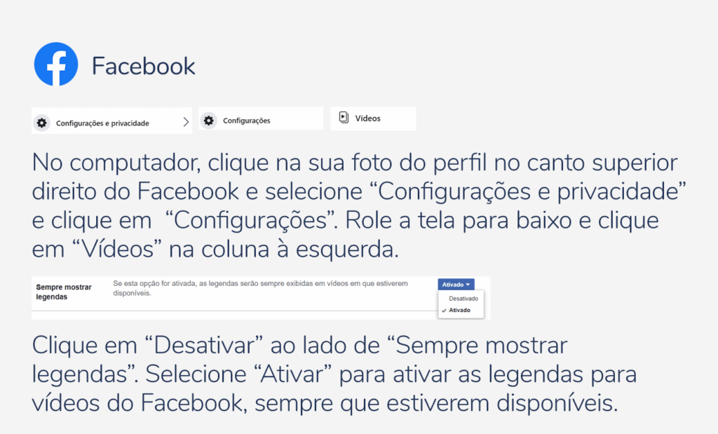 internet. Imagem com a logo do facebook e as seguintes indicações: No computador, clique na sua foto do perfil no canto superior direito do Facebook e selecione “Configurações e privacidade” e clique em  “Configurações”. Role a tela para baixo e clique em “Vídeos” na coluna à esquerda.  Clique em “Desativar” ao lado de “Sempre mostrar legendas”. Selecione “Ativar” para ativar as legendas para vídeos do Facebook, sempre que estiverem disponíveis. 