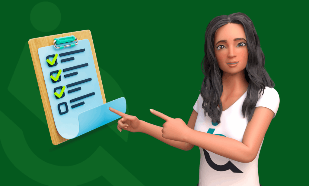 deficiência. Imagem de fundo verde com a logo da equalweb sobreada, do lado direito temos a foto a Ewa e do lado esquerdo a imagem de uma palheta com um formulário. 
