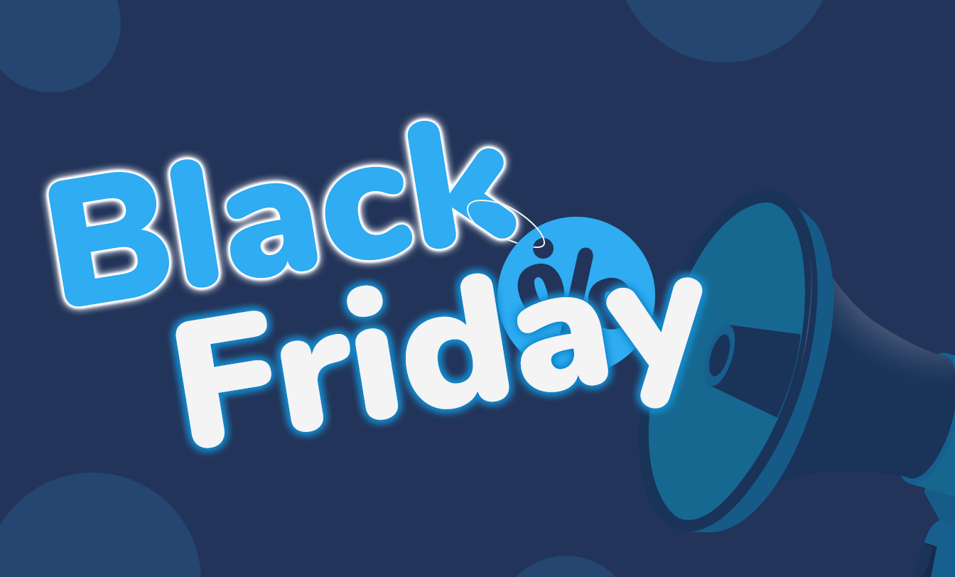 Texto "Black Friday" em azul e branco com ícone de acessibilidade e megafone, destacando a importância da inclusão digital na promoção.