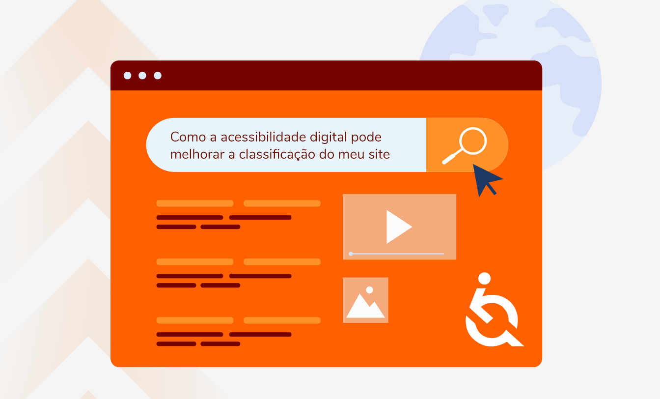 Ilustração de janela laranja com título sobre acessibilidade e SEO, ícone de busca, conteúdo e símbolo de acessibilidade.