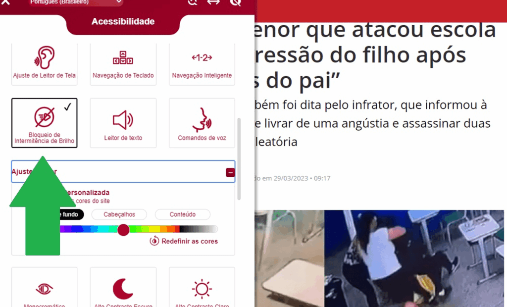 Band. Imagem do portal da Band com a ferramenta da equalweb aberta com a funcionalidade bloqueio intermitência de brilho aberta. 