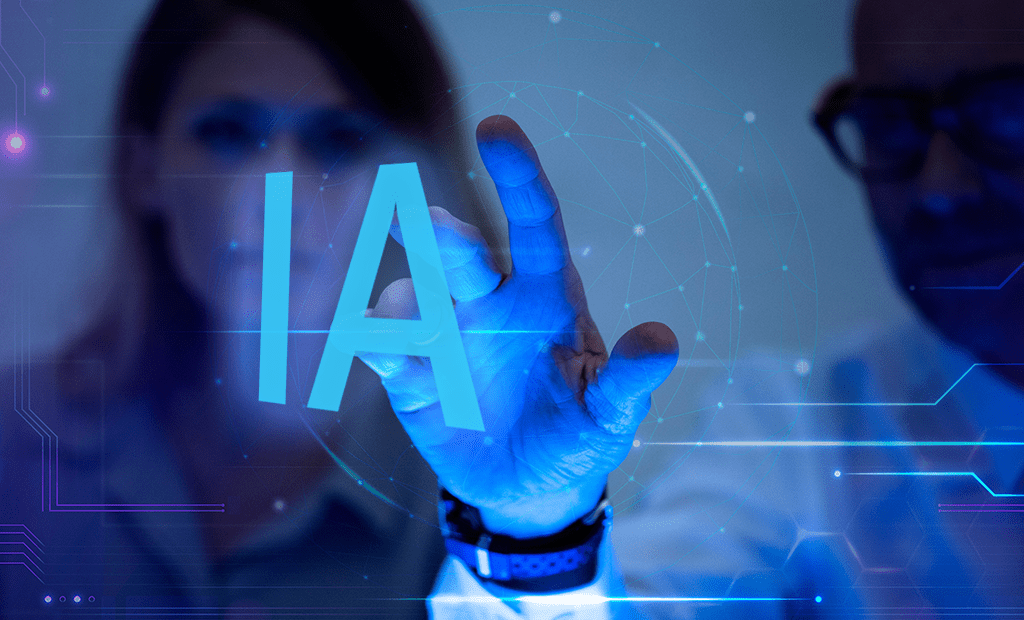Mão toca letras "IA" em holograma azul, fundo tecnológico e silhuetas desfocadas, simbolizando interação com inteligência artificial.