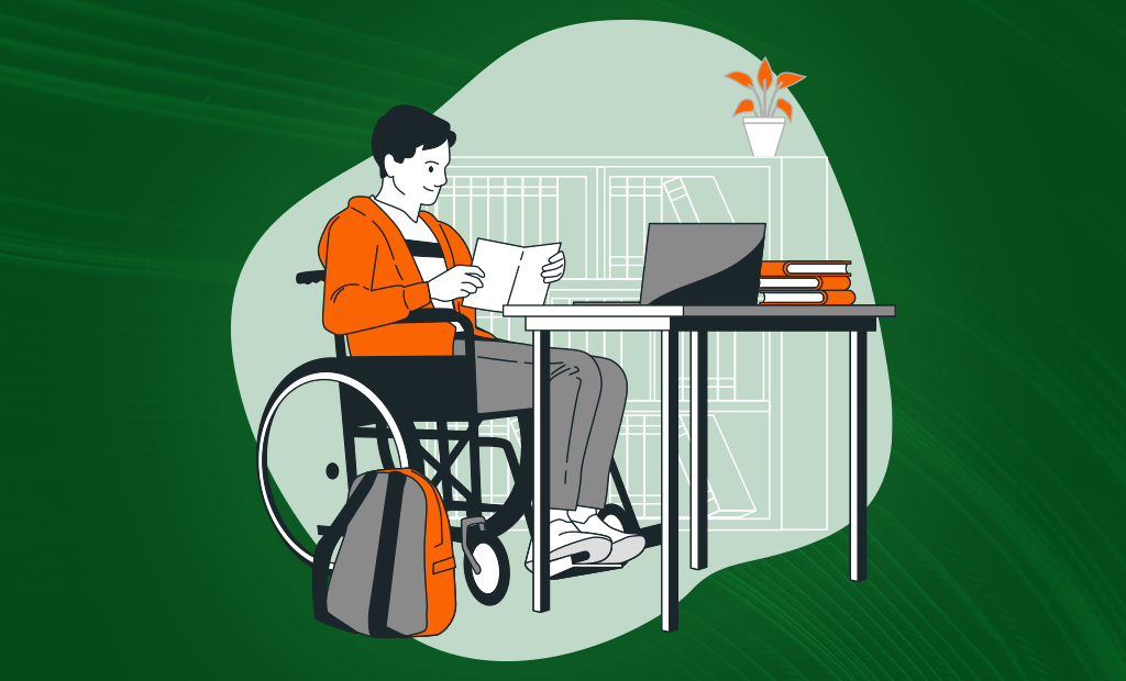 Ilustração de pessoa em cadeira de rodas lendo documento em mesa com laptop e livros, representando inclusão e acesso ao conhecimento.