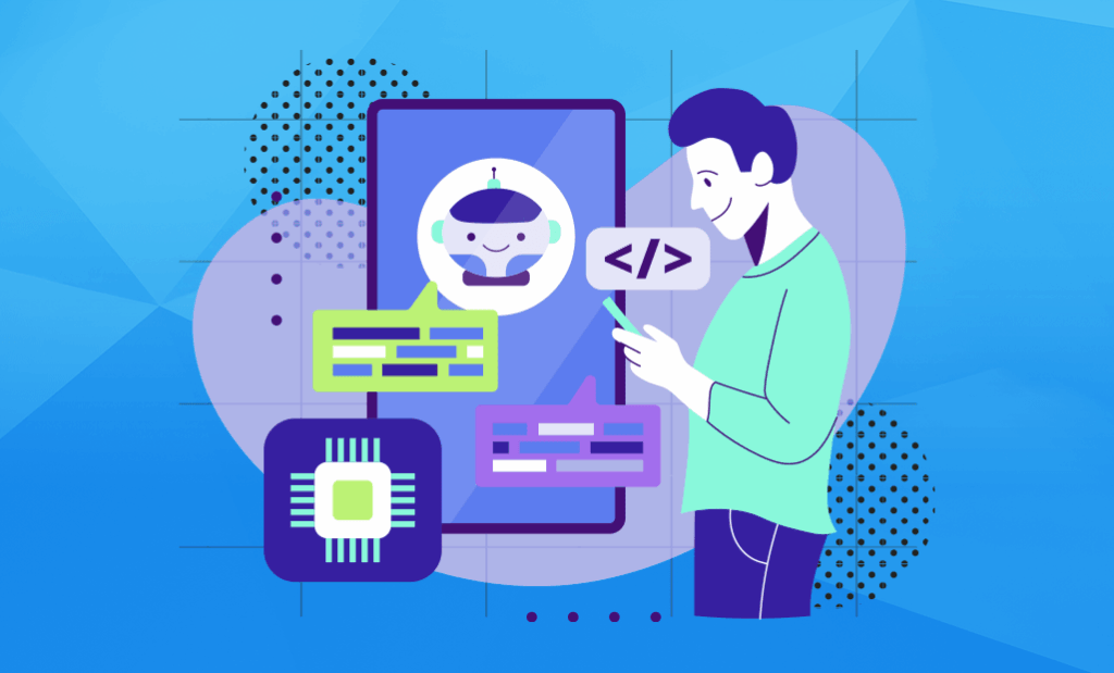  Machine Learning. Ilustração de um bomeco mexendo no celular e ao seu fundo a tela de um celular com um robõ e algumas caixas de mensagens. 