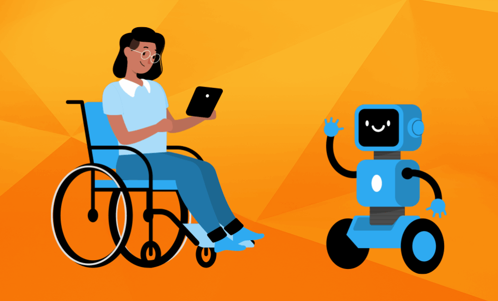  Machine Learning. Ilustração com fundo laranja. Do lado esquerdo temos uma mulher, negra, cadeirante usando óculos, calças azul, blusa e tenis azul. Ao lado direito temos um robozinho danto tchau.