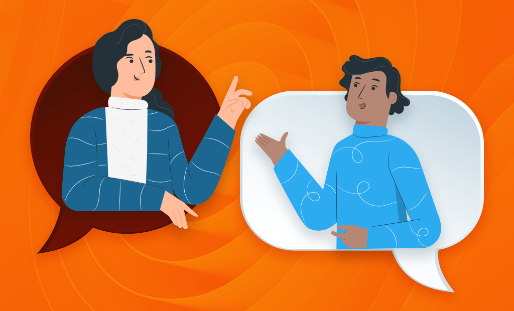  Comunicação: Imagem de uma ilustração com dois personagens, um negro e um branco. Eles se encontram dentro de balões de conversa, gesticulando um para o outro. A imagem tem um fundo laranja.
