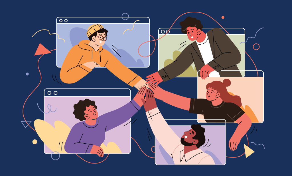  Comunicação: Imagem de uma ilustração com várias abas de sites abertas, onde em cada aba há personagens de características diferentes dando as mãos e se conectando.