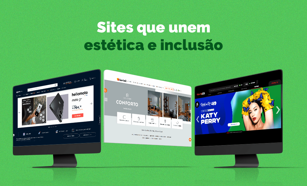 Sites que unem estética e inclusão: três monitores exibindo sites com boa acessibilidade visual, como alto contraste e navegação clara.