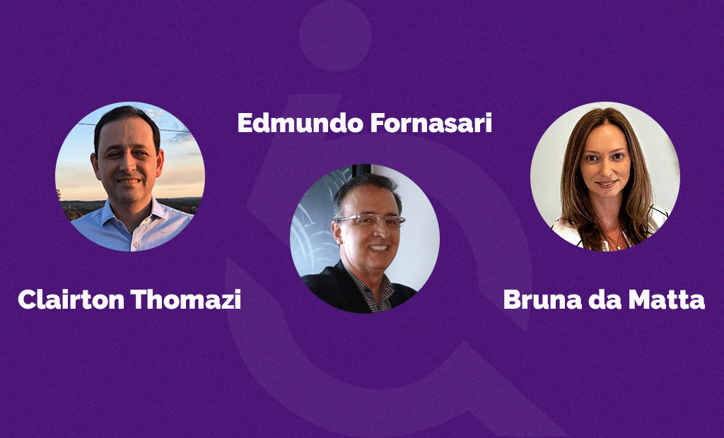 Retratos circulares de Clairton Thomazi, Edmundo Fornasari e Bruna da Matta sobre fundo roxo com ícone de acessibilidade.