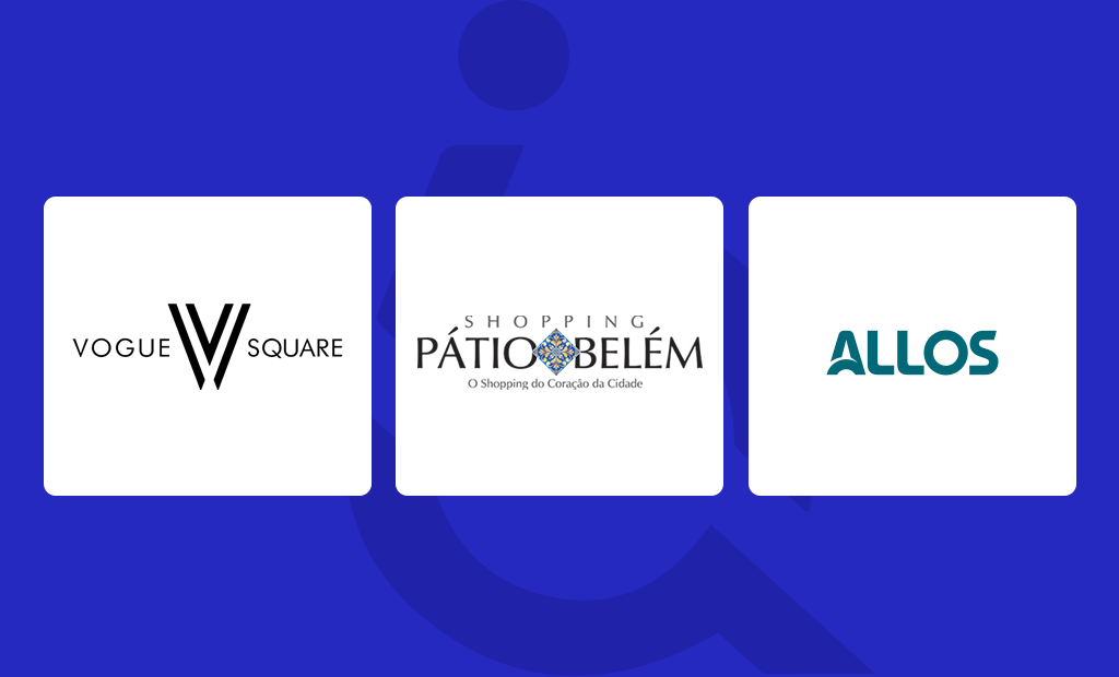 Logotipos do Vogue Square, Shopping Pátio Belém e Allos sobre fundo azul com ícone de acessibilidade ao fundo.