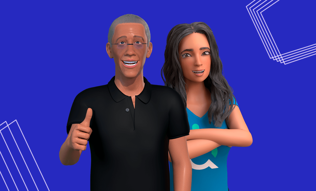 Avatares 3D de um homem com óculos fazendo sinal positivo e uma mulher ao lado, sobre fundo azul com linhas geométricas.