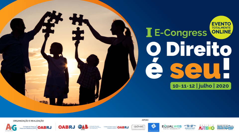 I E-Congress: O Direito é seu! Evento totalmente online, 10 a 12 de julho de 2020. Silhueta de família com peças de quebra-cabeça.