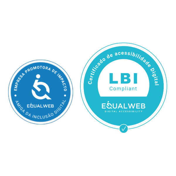 Selo Amiga da Inclusão Digital e Certificado de Acessibilidade Digital LBI Compliant, ambos da EqualWeb.