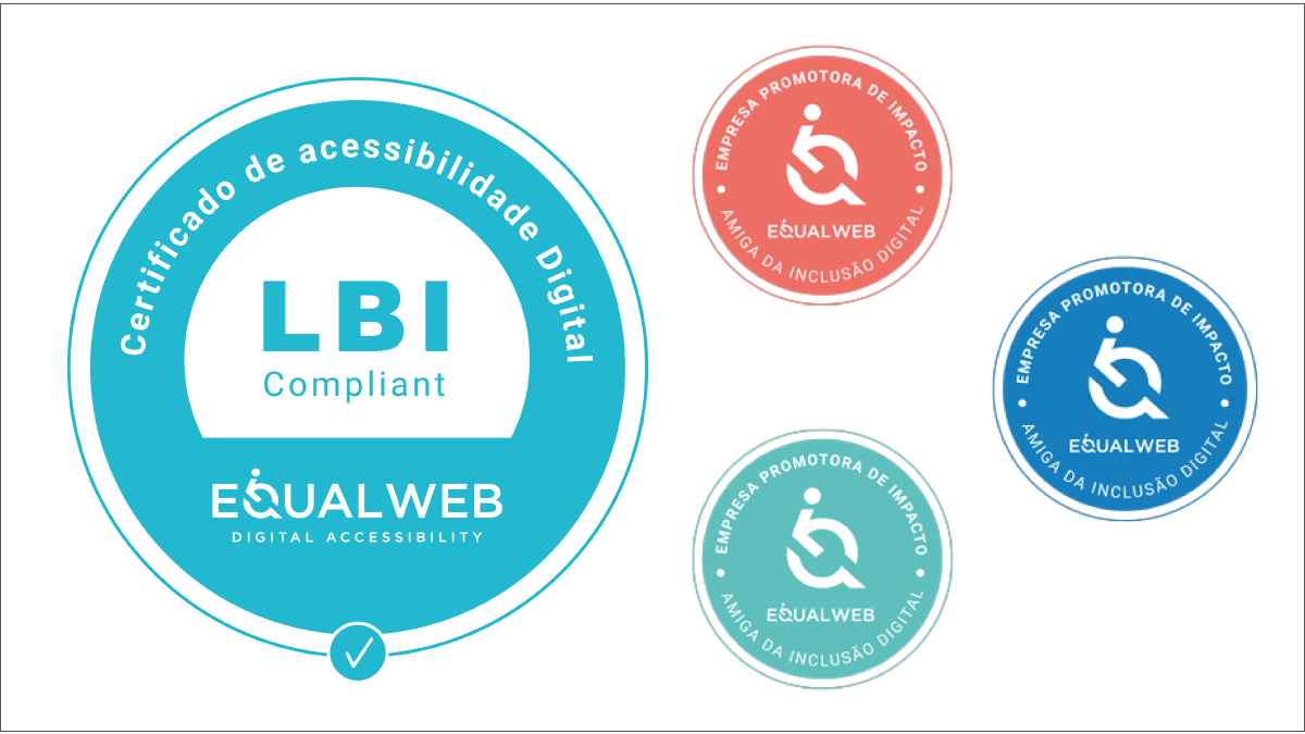 Certificado LBI EqualWeb, selos Empresa Promotora de Impacto e Amiga da Inclusão Digital: compromisso com acessibilidade web.