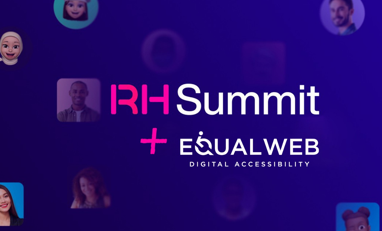 Logo do RH Summit em parceria com a EqualWeb Digital Accessibility sobre fundo roxo, cercado por fotos e avatares de pessoas diversificadas.
