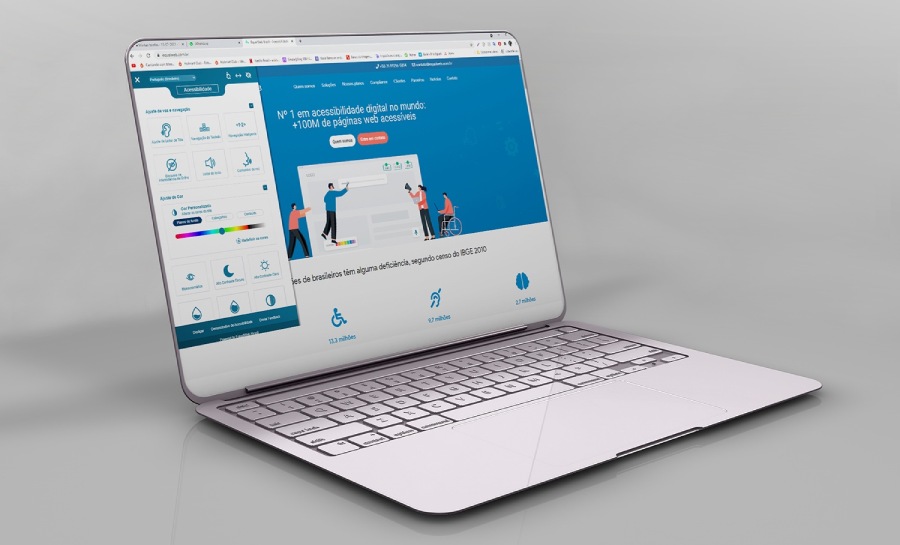 Laptop exibindo interface de acessibilidade digital com ferramentas de ajuste e estatísticas sobre páginas web acessíveis no mundo.