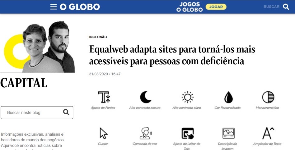 Artigo do O Globo sobre a Equalweb exibe ícones de acessibilidade: ajuste de fontes, alto contraste, leitura de tela e ampliação de texto.