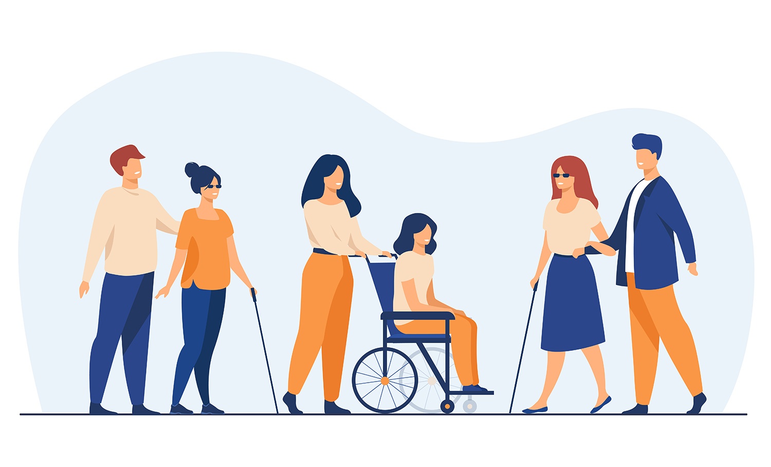 Ilustração de pessoas com deficiência em cadeira e bengalas, representando inclusão no Dia Nacional da Pessoa com Deficiência.