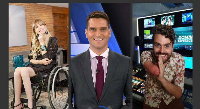 Collage com mulher em cadeira de rodas, homem de terno e amputado para debate do Estúdio News sobre visão social da deficiência.