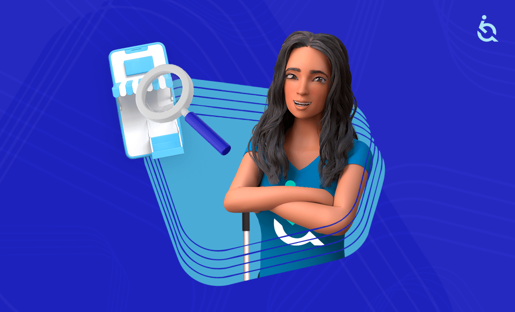 Ilustração 3D de mulher com bengala branca ao lado de um smartphone com lupa, representando leitores de tela e inclusão digital.