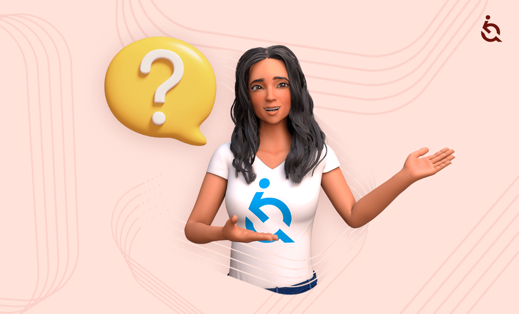 Ilustração 3D de mulher com símbolo de acessibilidade na camiseta e balão de pergunta, representando dúvidas sobre WCAG, NBR 17225 e LBI.