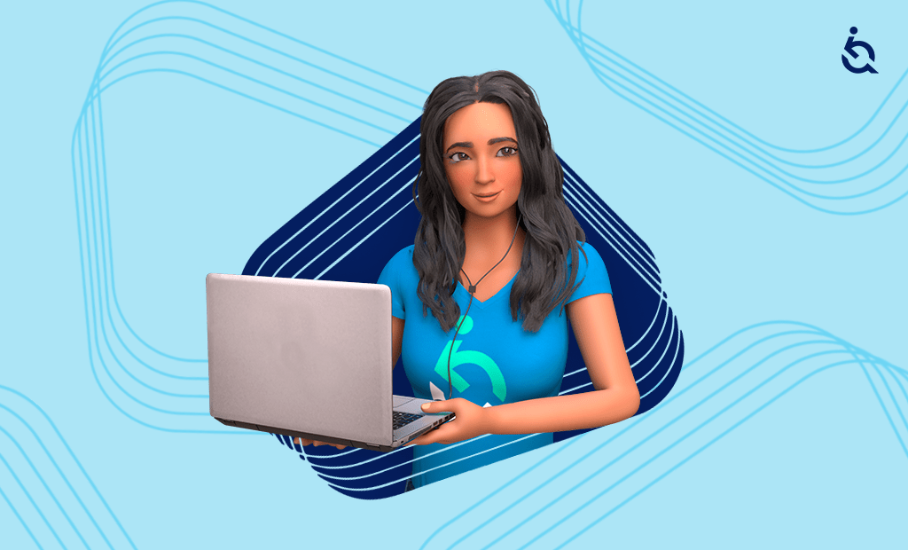 Mulher com laptop e fone usa camiseta de acessibilidade. Fundo azul ondulado com ícone WCAG.